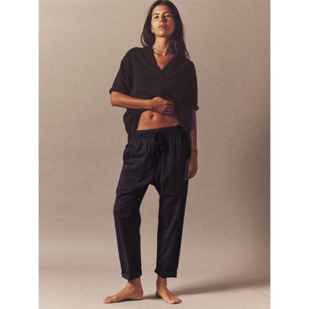 Xirena Draper Poplin Cotton Drawstring Cropped Cuffed Tapered Leg Pants Black XS